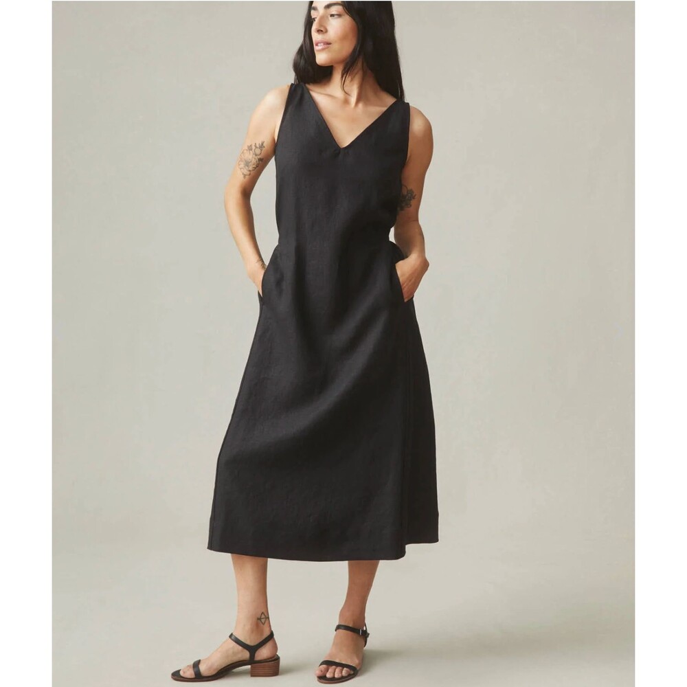 American Giant Midi Dress Womens XS Black Linen Tie Waist Pockets V-Neck NEW - Picture 7 of 9